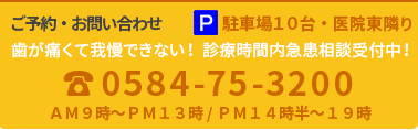 TEL:0584-75-3200 〒503-0824 岐阜県大垣市旭町3-1 “歯が痛い！ 診療時間内急患相談実施中！”